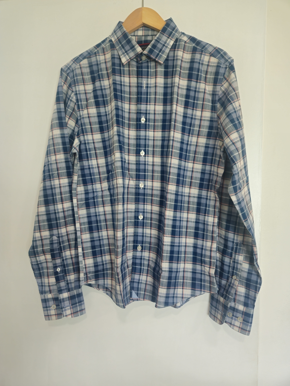 UNTUCKit Small Plaid Cotton Slim Fit Long Sleeve Button-Up Shirt Blue White Pink